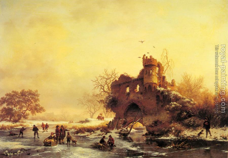 Frederik Marianus Kruseman : Winter Landscape With Skaters On A Frozen River Beside Castle Ruins